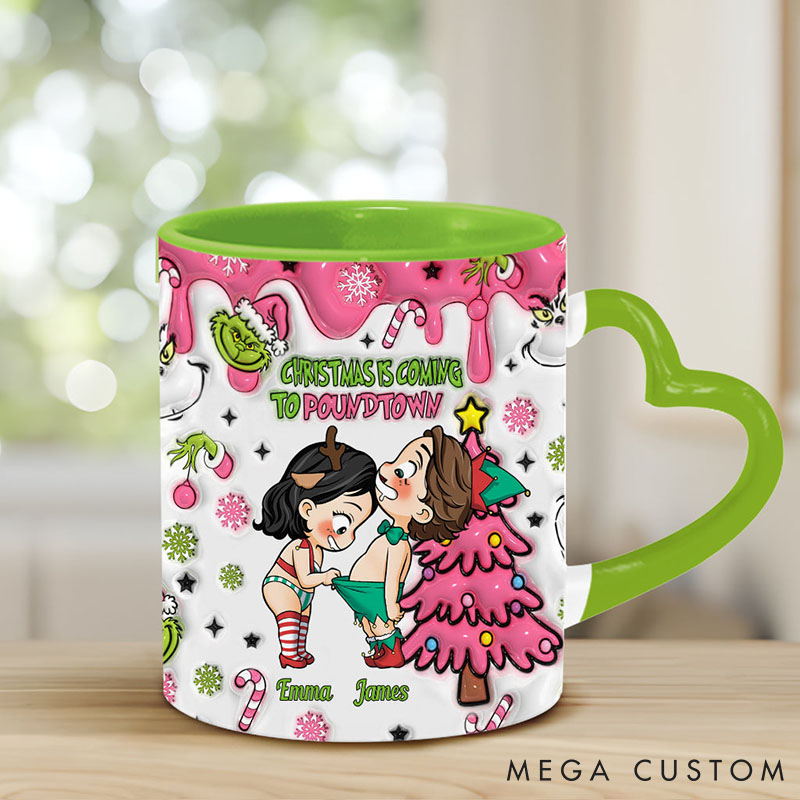 Personalized Couple Christmas Is Coming Ceramic Mug Custom Cute Couple Sex Heart Handle Mug Christmas Gift for Him Her Boyfriend Girlfriend