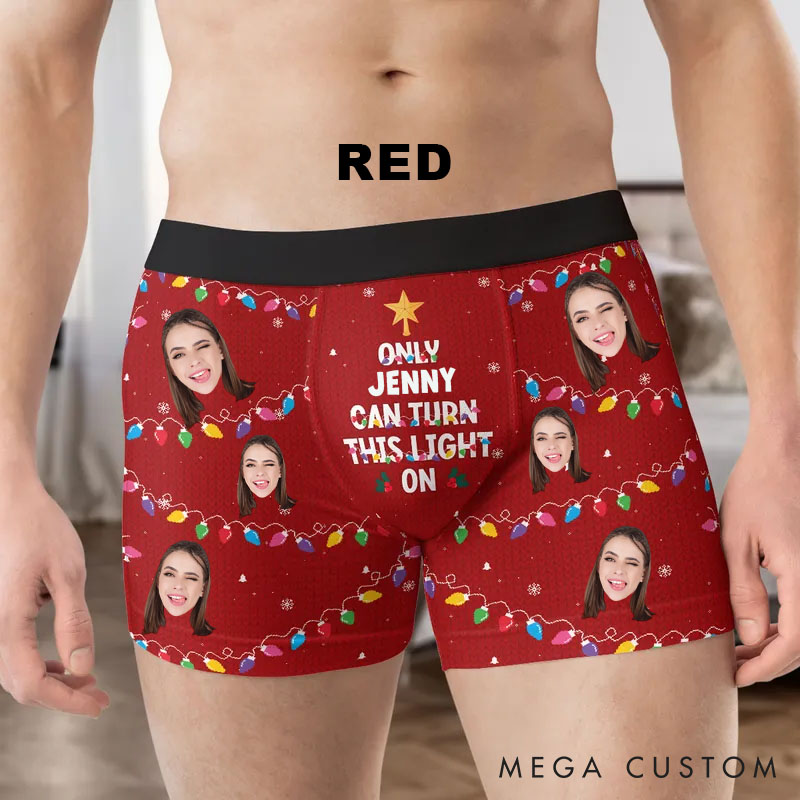 Personalized Girlfriend Wife Face Boxer Briefs Men Christmas Underwear with Face Photo Only Her Can Turn This Light On Xmas Gift for Boyfriend Husband