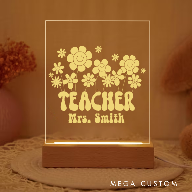 Personalized Teacher Night Light with Flower and Teacher Design Custom LED Gift with Laser Engraved Acrylic Design and Wooden Base