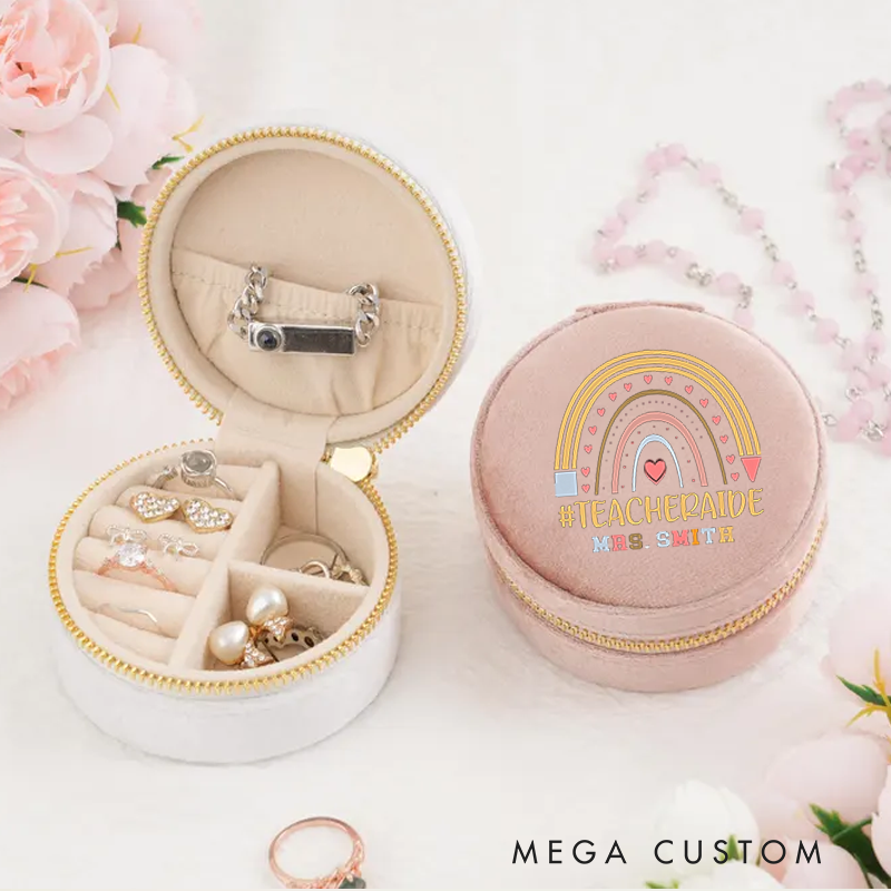 Personalized Velvet Jewelry Box for Teacher Rainbow Hearts Round Jewelry Box Gift Teacher Appreciation Gift