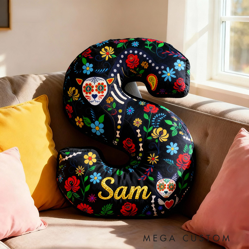 Personalized Funny Pillow Christmas Graphic 3D Print Cempasúchil Cat The Day of the Dead Holiday with Custom Name