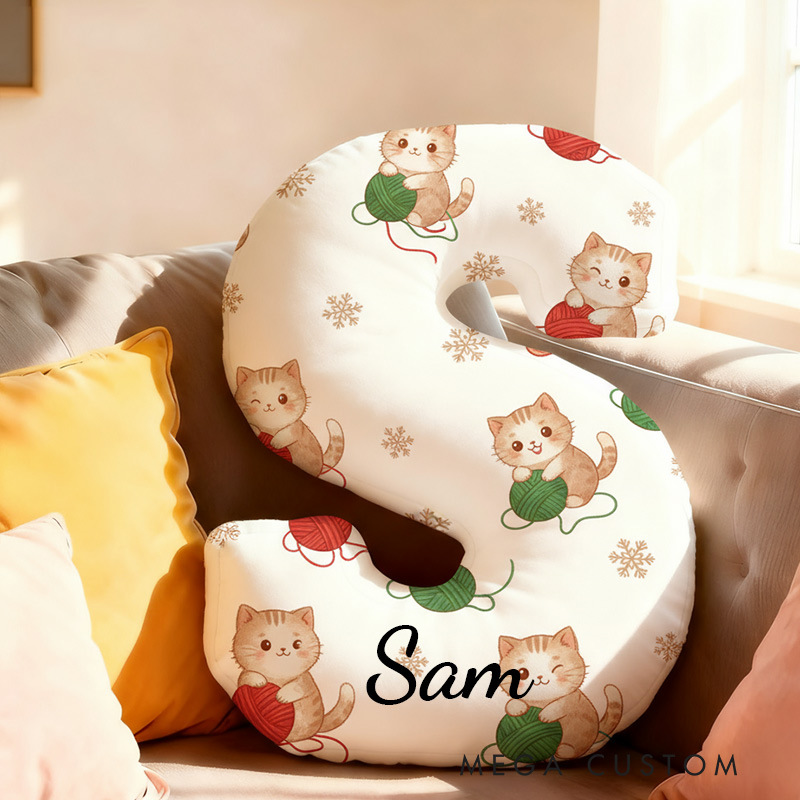 Personalized Funny Pillow Christmas Cat Yarn Ball Graphic Print Letter Customized Name Gift for Kids