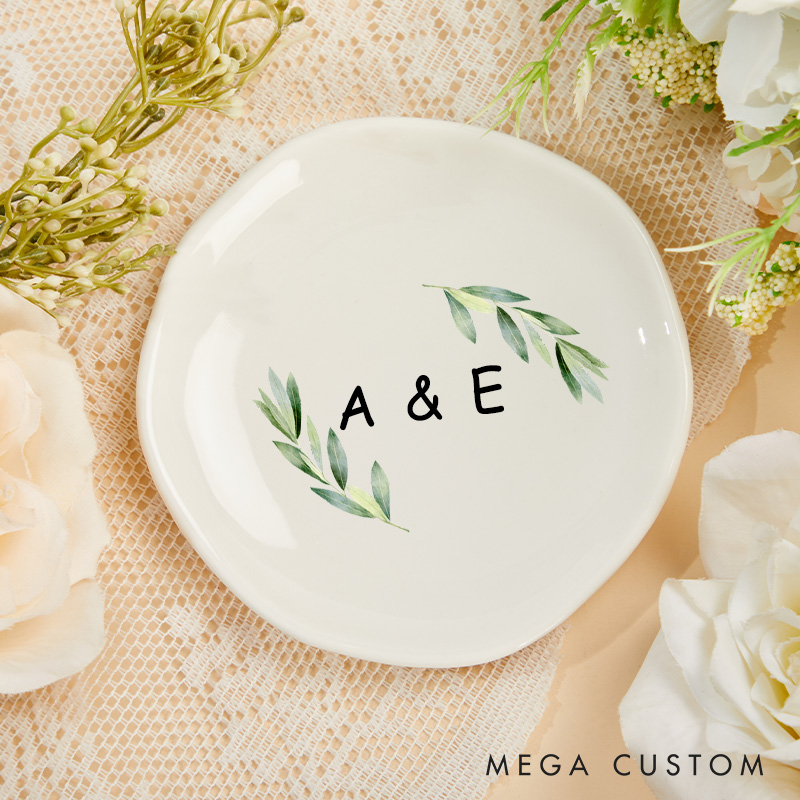 Personalized Watercolor Leafy Branches with Initials Wedding Engagement Irregular Round Ring Dish