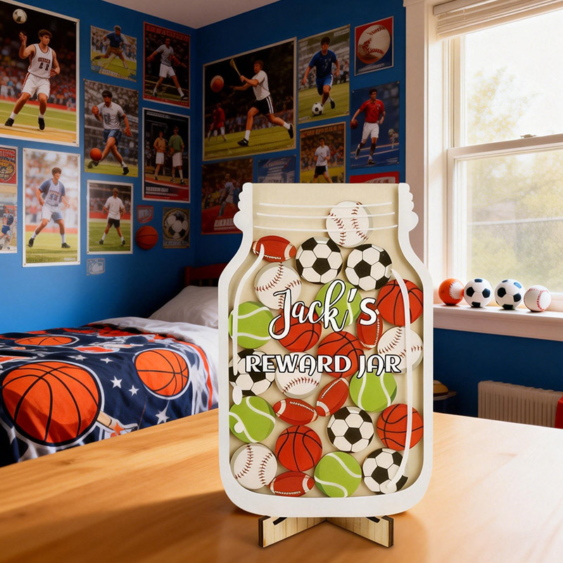 Personalized Sports Magnetic Reward Jar Wood Jar Custom Name Gift for Sport Kids