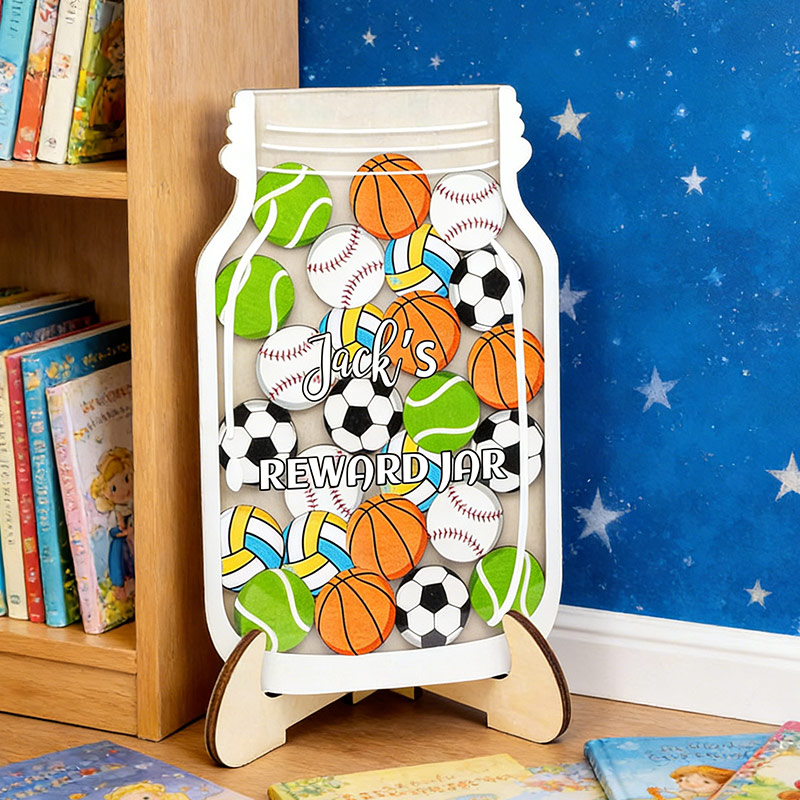 Personalized Sports Magnetic Reward Jar Wood Jar Custom Name Gift for Sport Kids Sport Lovers