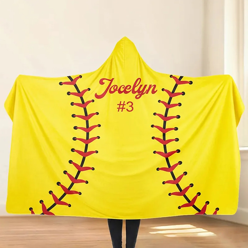 Personalized Baseball Basketball Soft Polar Fleece Hooded Blanket with Name and Number Game Day Birthday Gift for Teammate Coach Ball Sports Lovers