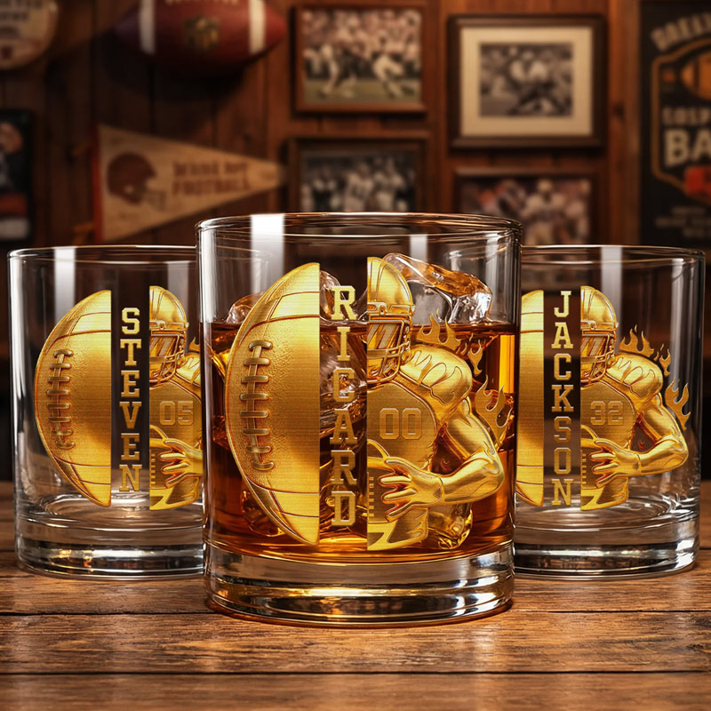 Personalized Golden Football Player Whiskey Glass with Name and Number Birthday Father's Day Gift for Man Bartender Whiskey Enthusiast