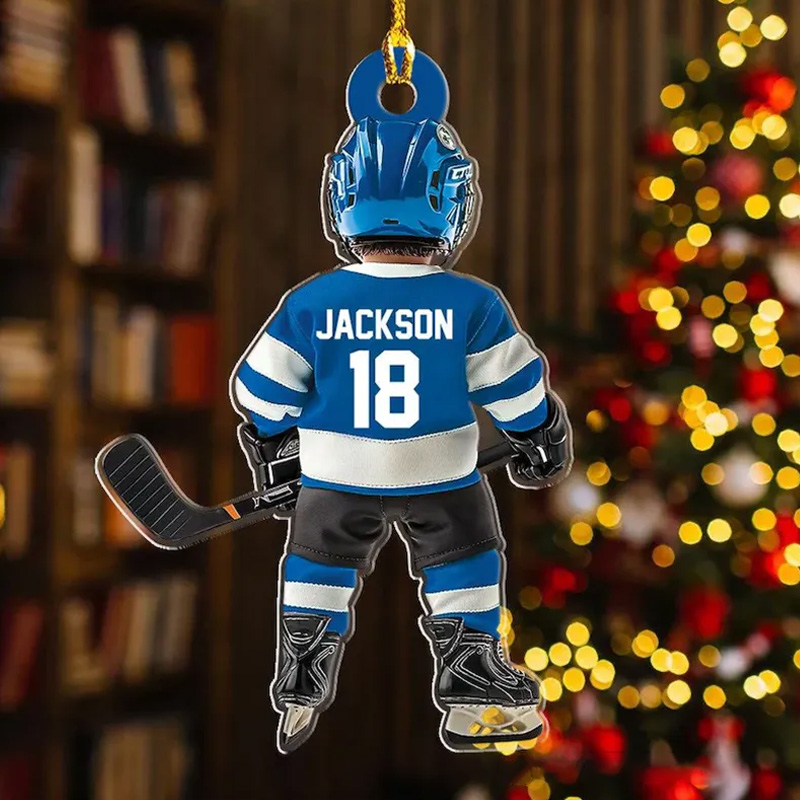 Personalized Hockey Player Ornament with Custom Name, Number, and Jersey Colors Design