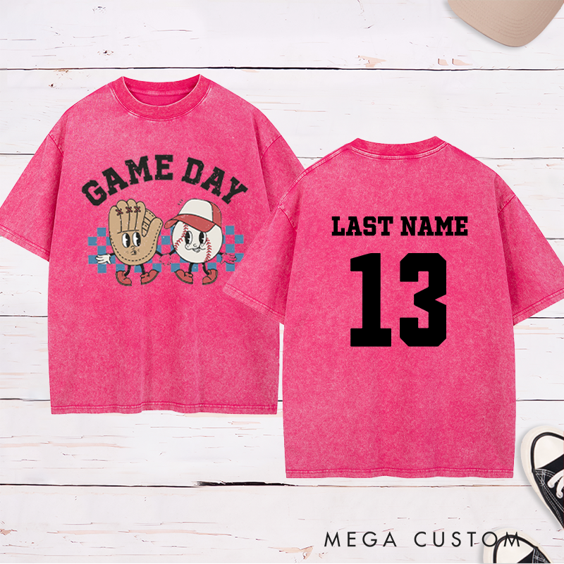 Personalized Cartoon Baseball Washed T-Shirt with Custom Name and Number   