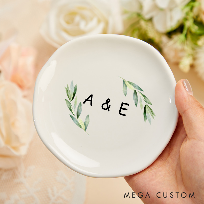 Personalized Watercolor Leafy Branches with Initials Wedding Engagement Irregular Round Ring Dish