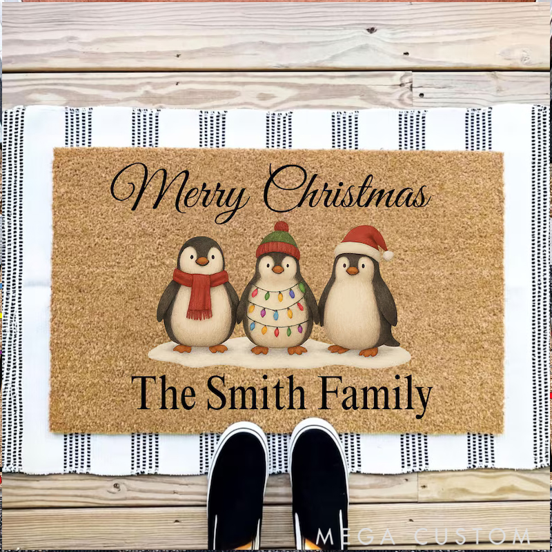 Personalized Penguin Hand in Hand  Home Decor Decorative Mat Christmas Gift for Family Members