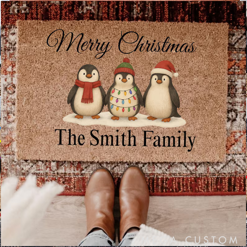 Personalized Penguin Hand in Hand  Home Decor Decorative Mat Christmas Gift for Family Members