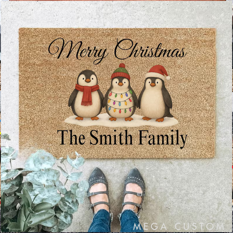 Personalized Penguin Hand in Hand  Home Decor Decorative Mat Christmas Gift for Family Members