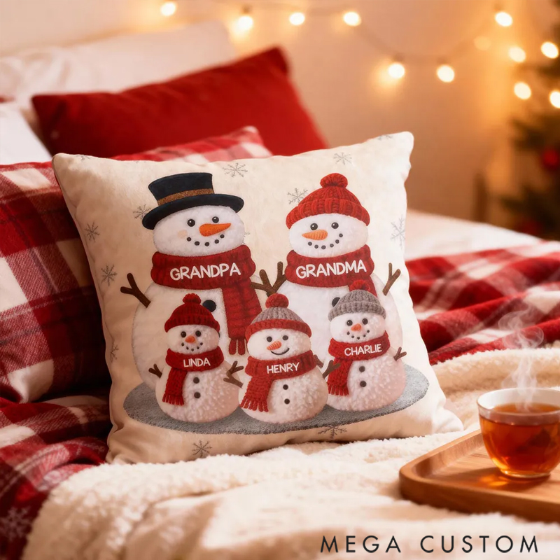 Personalized Pillow 3D Effect Christmas Grandma Grandkids Snowman Together Holiday Festival Gift for Family 