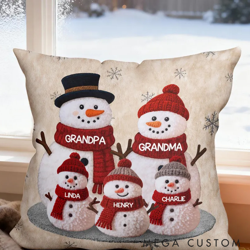 Personalized Pillow 3D Effect Christmas Grandma Grandkids Snowman Together Holiday Festival Gift for Family 