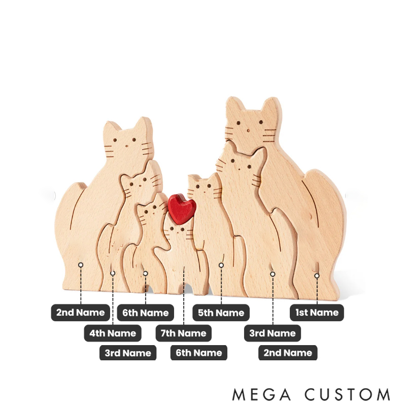 Personalized Wooden Cute Love Hug Cat Family Puzzle with 2-7 Engraved Names Desk Decoration Birthday Anniversary Gift for Family