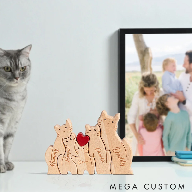 Personalized Wooden Cute Love Hug Cat Family Puzzle with 2-7 Engraved Names Desk Decoration Birthday Anniversary Gift for Family