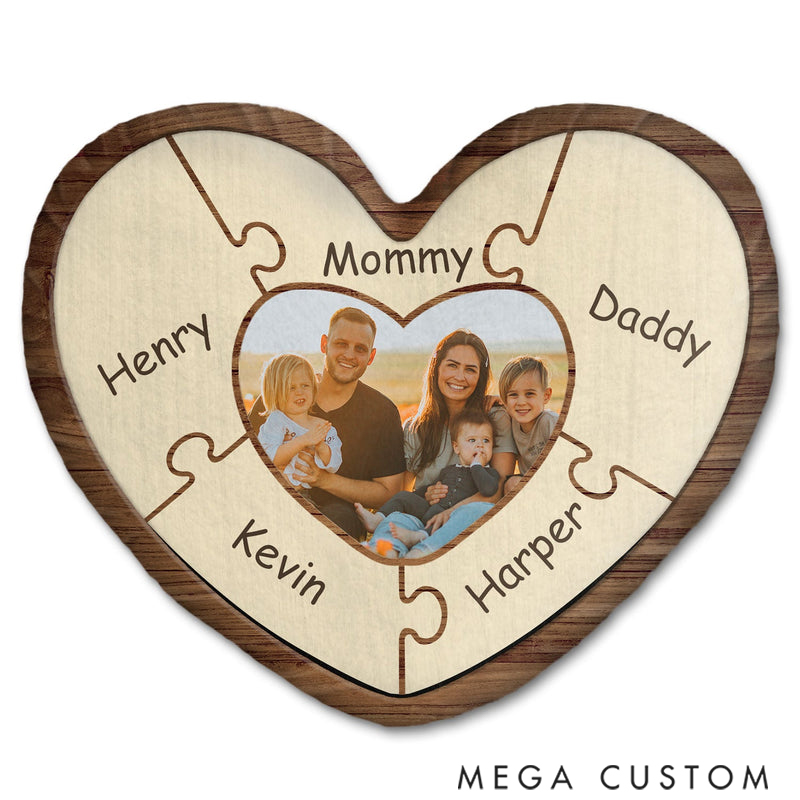 Personalized Heart Shaped Custom Photo Puzzle Name Pillow for Family