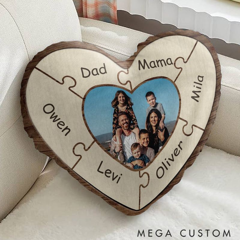 Personalized Heart Shaped Custom Photo Puzzle Name Pillow for Family