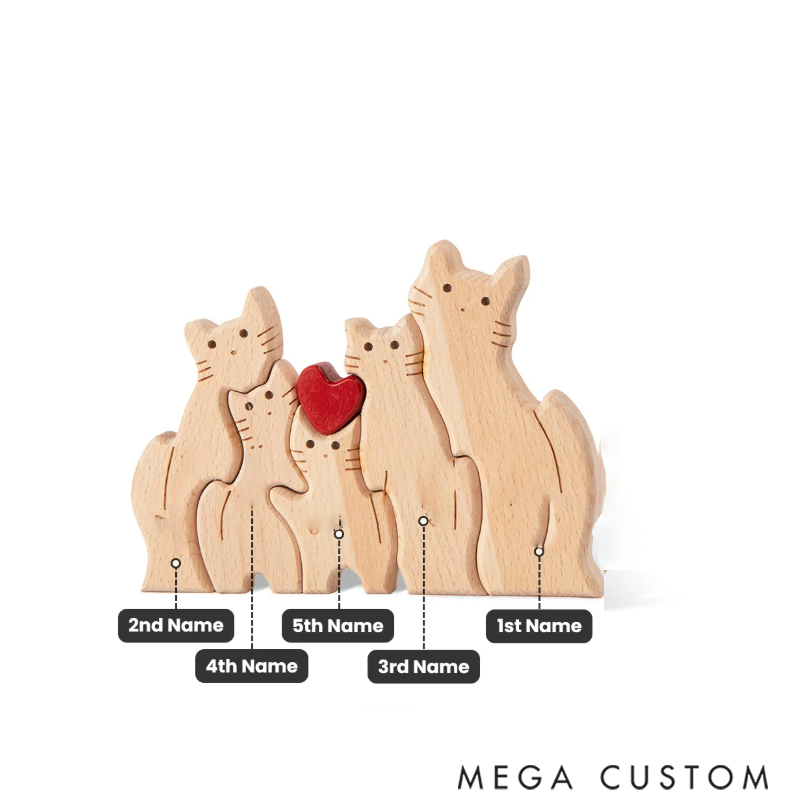 Personalized Wooden Cute Love Hug Cat Family Puzzle with 2-7 Engraved Names Desk Decoration Birthday Anniversary Gift for Family