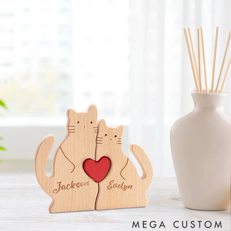 Personalized Wooden Cute Love Hug Cat Family Puzzle with 2-7 Engraved Names Desk Decoration Birthday Anniversary Gift for Family