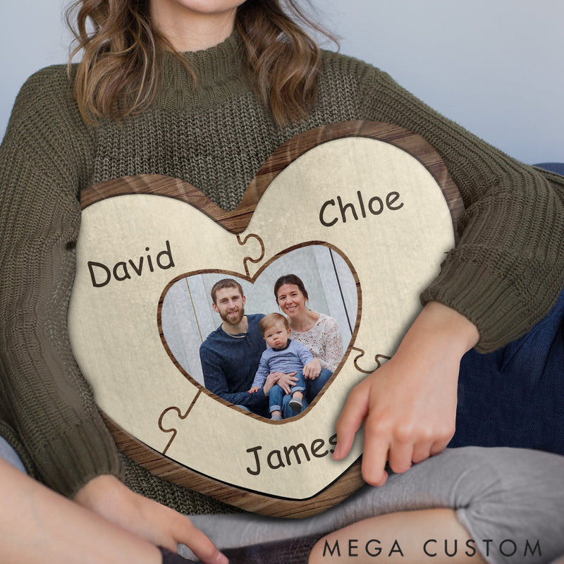 Personalized Heart Shaped Custom Photo Puzzle Name Pillow for Family