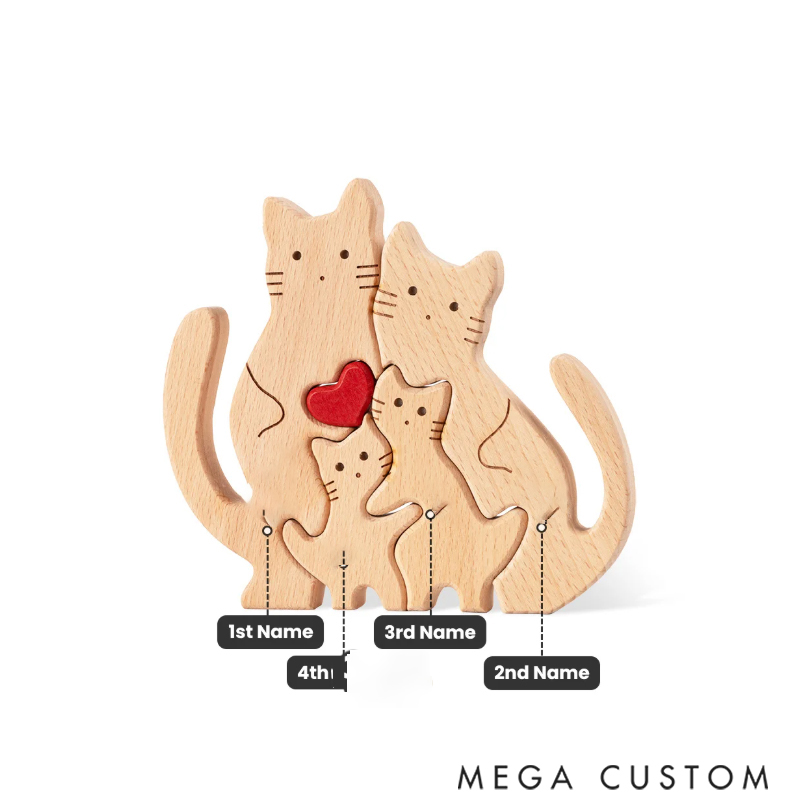 Personalized Wooden Cute Love Hug Cat Family Puzzle with 2-7 Engraved Names Desk Decoration Birthday Anniversary Gift for Family