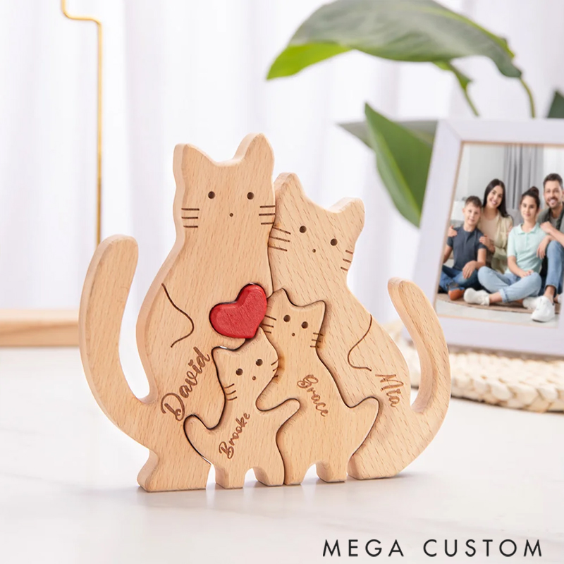 Personalized Wooden Cute Love Hug Cat Family Puzzle with 2-7 Engraved Names Desk Decoration Birthday Anniversary Gift for Family