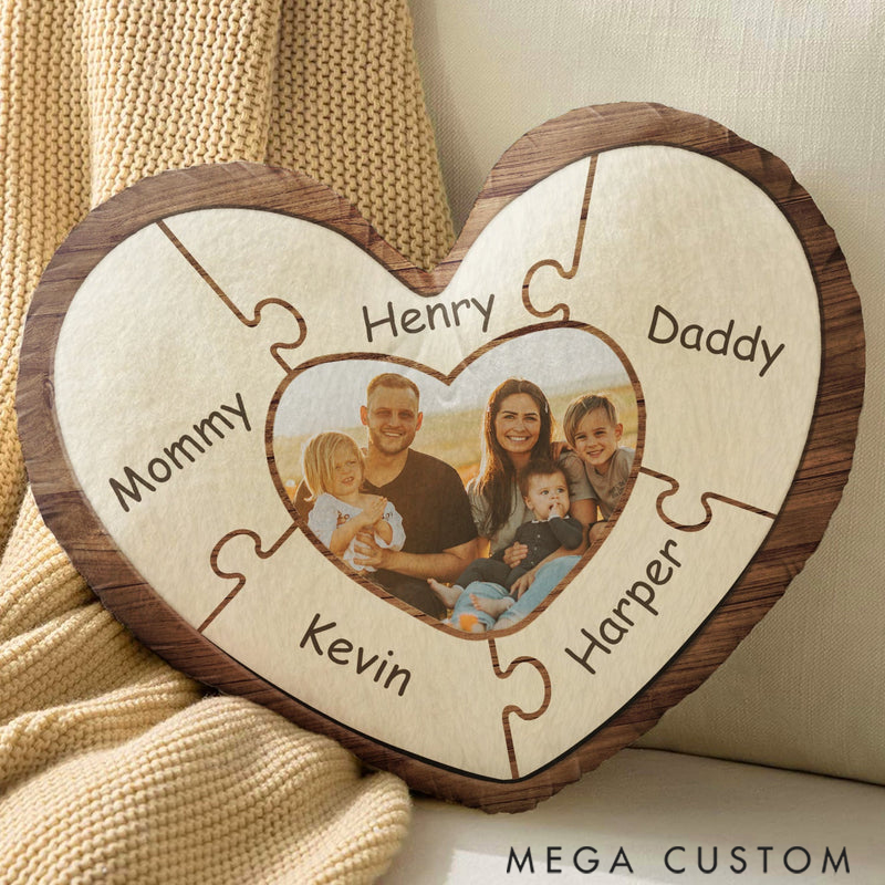Personalized Heart Shaped Custom Photo Puzzle Name Pillow for Family