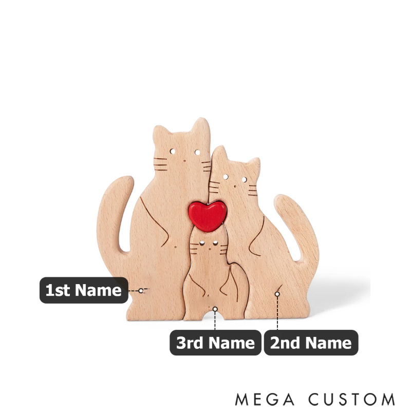 Personalized Wooden Cute Love Hug Cat Family Puzzle with 2-7 Engraved Names Desk Decoration Birthday Anniversary Gift for Family