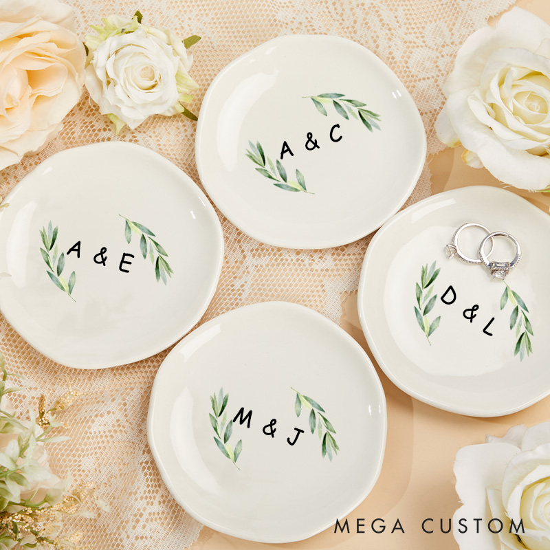 Personalized Watercolor Leafy Branches with Initials Wedding Engagement Irregular Round Ring Dish
