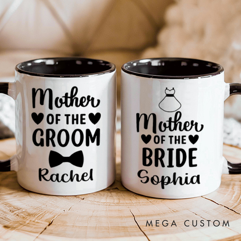 Personalized Mother of the Bride Mug Mother of the Groom Mug Bow Tie and Dress Mug Bachelorette Party Mug MOG MOB Gift Wedding Mug