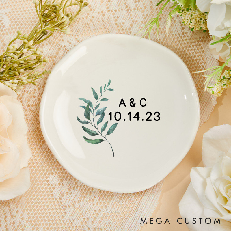 Personalized Elegant Watercolor Fern Leaves with Initials and Date Wedding Engagement Irregular Round Ring Dish