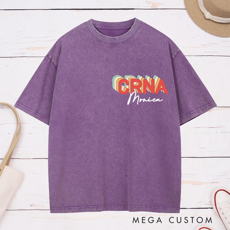 Personalized Nurse Washed T-Shirt Customized Vintage Brown CRNA Design Washed T-Shirt 