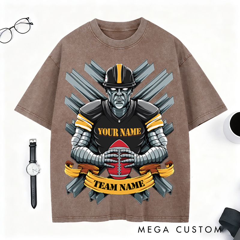 Personalized Steel Warrior Football T-Shirt with Custom Team and Player Name