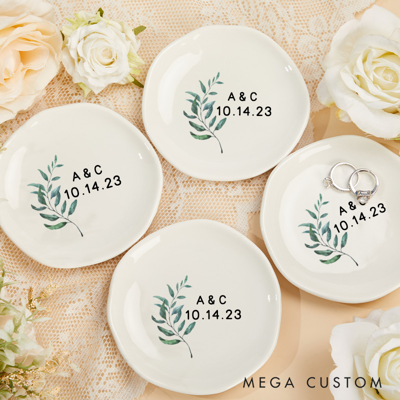 Personalized Elegant Watercolor Fern Leaves with Initials and Date Wedding Engagement Irregular Round Ring Dish