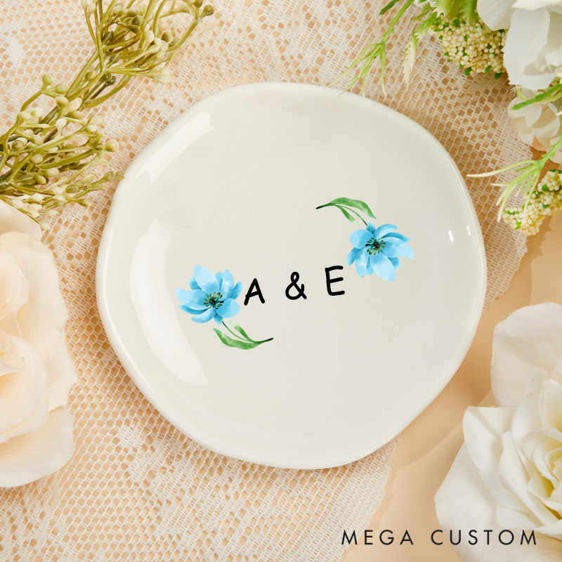 Personalized Watercolor Floral Blue Blossoms with Initials Wedding Engagement Irregular Round Ring Dish