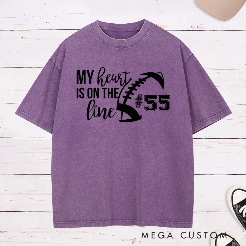 Personalized American Football and Rugby Washed T-Shirts for "My Heart is on the Line" with Custom Jersey Number