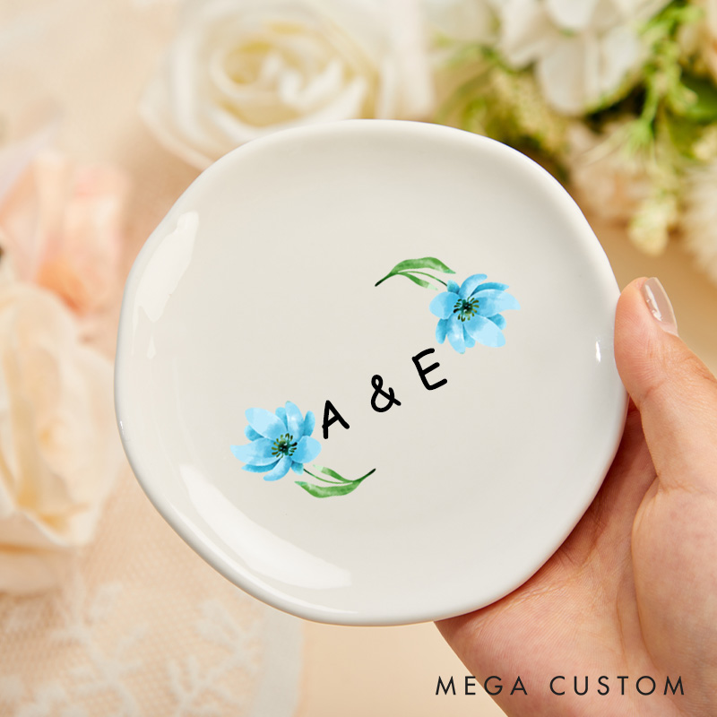 Personalized Watercolor Floral Blue Blossoms with Initials Wedding Engagement Irregular Round Ring Dish
