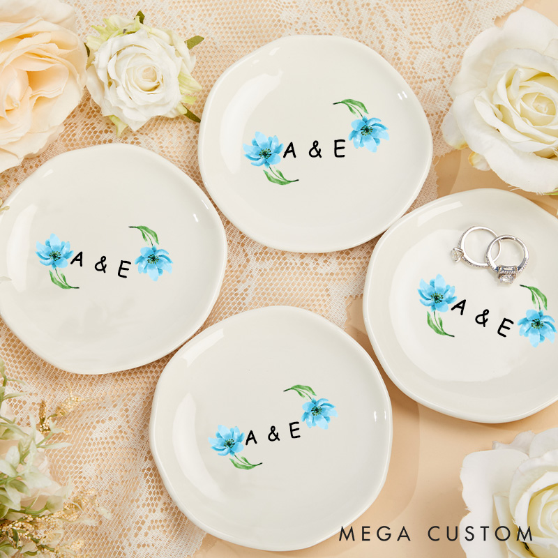 Personalized Watercolor Floral Blue Blossoms with Initials Wedding Engagement Irregular Round Ring Dish