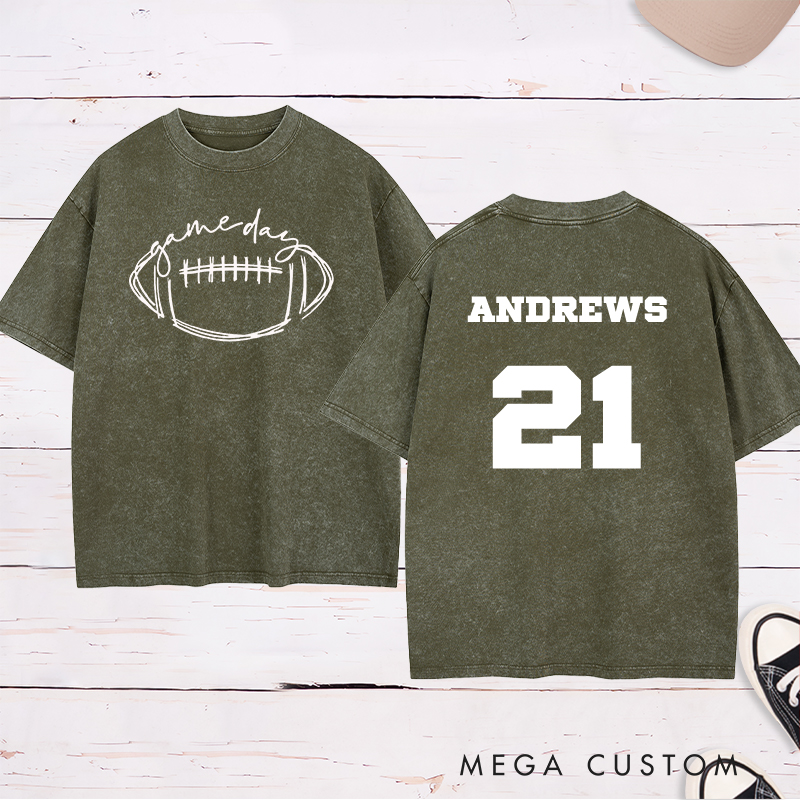 Personalized American Football and Rugby Washed T-Shirt with Custom Name and Number for Game Day