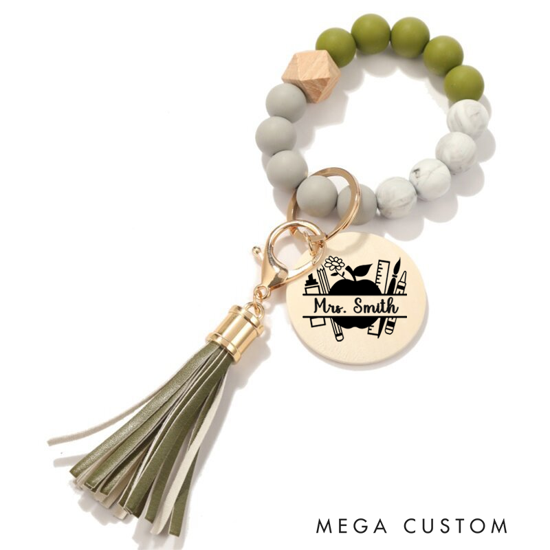 Personalized Teacher Keychain Ruler Apple Design Silicone Beads Bracelet Keychain Wooden Engraved Wristlet Keychain Teacher Appreciation Gift