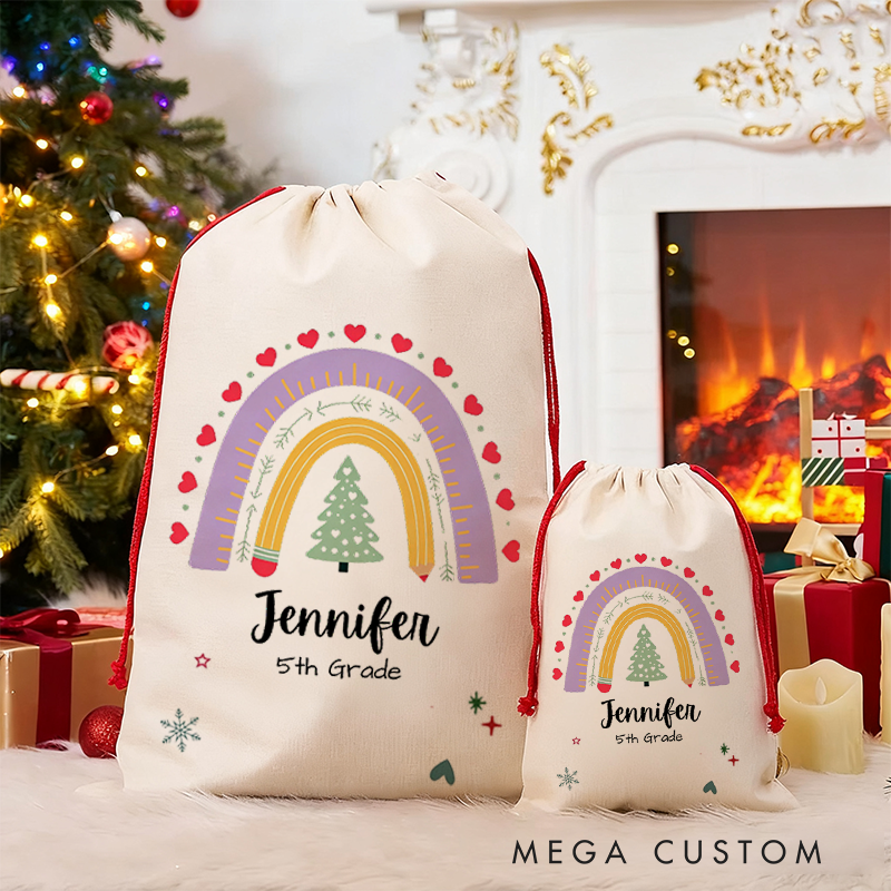 Personalized Teacher Christmas Gift Sack Teacher Rainbow Design Santa Bag