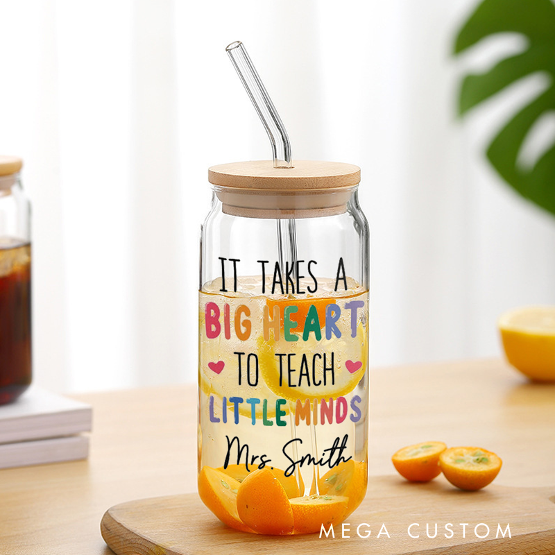 Personalized Teacher Tumbler with Lid and Straw Big Heart Teacher Custom Glass Coffee Cup Teacher Appreciation Gift