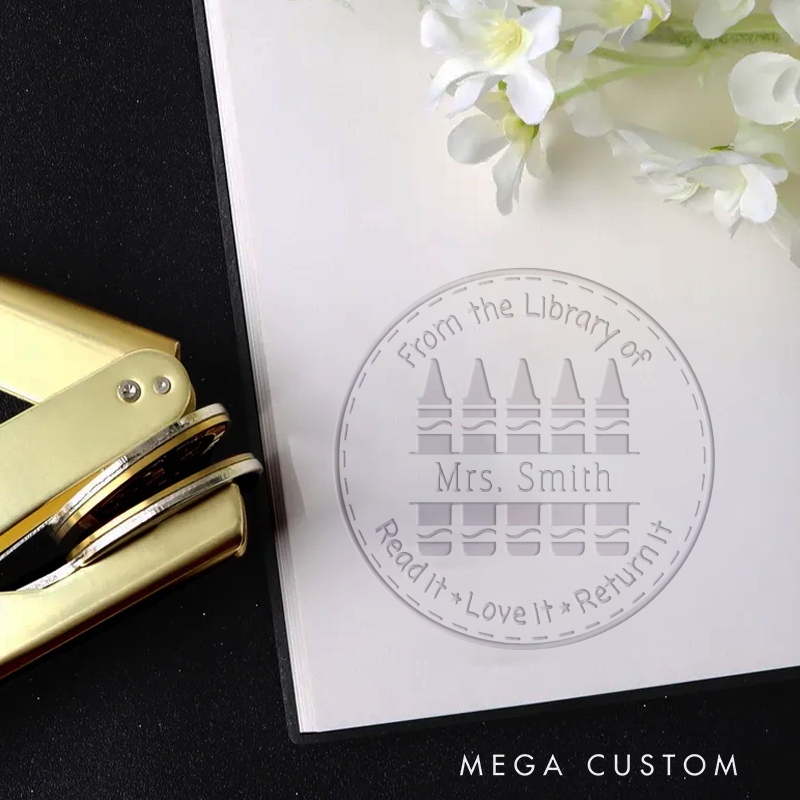 Personalized Teacher Book Embosser Stamp with Crayon Design Thoughtful Gift for Teachers