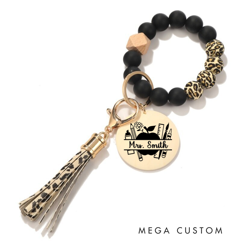 Personalized Teacher Keychain Ruler Apple Design Silicone Beads Bracelet Keychain Wooden Engraved Wristlet Keychain Teacher Appreciation Gift