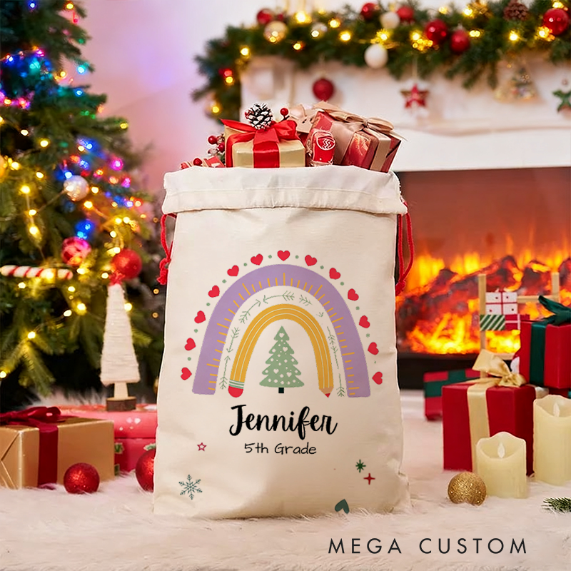 Personalized Teacher Christmas Gift Sack Teacher Rainbow Design Santa Bag