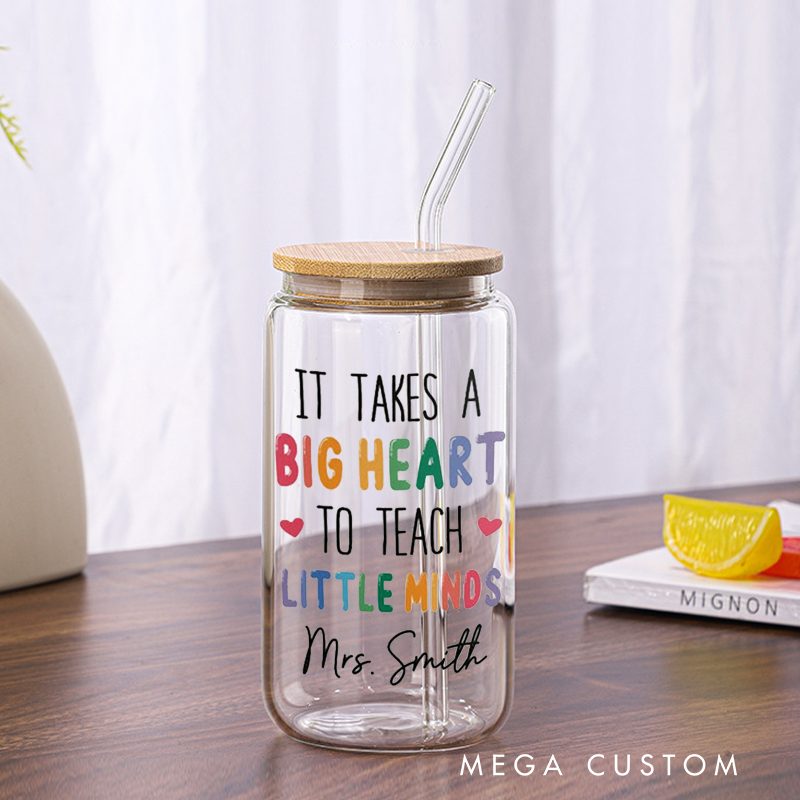 Personalized Teacher Tumbler with Lid and Straw Big Heart Teacher Custom Glass Coffee Cup Teacher Appreciation Gift