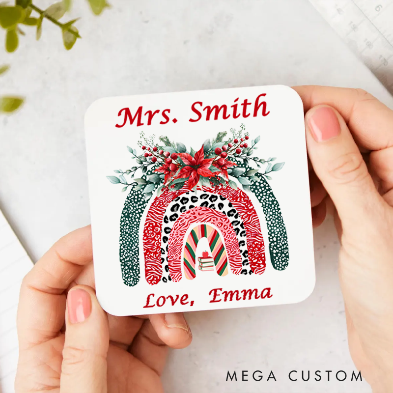 Personalized Coasters for Teachers Christmas Flowers Rainbow Appreciation Gift for Teachers