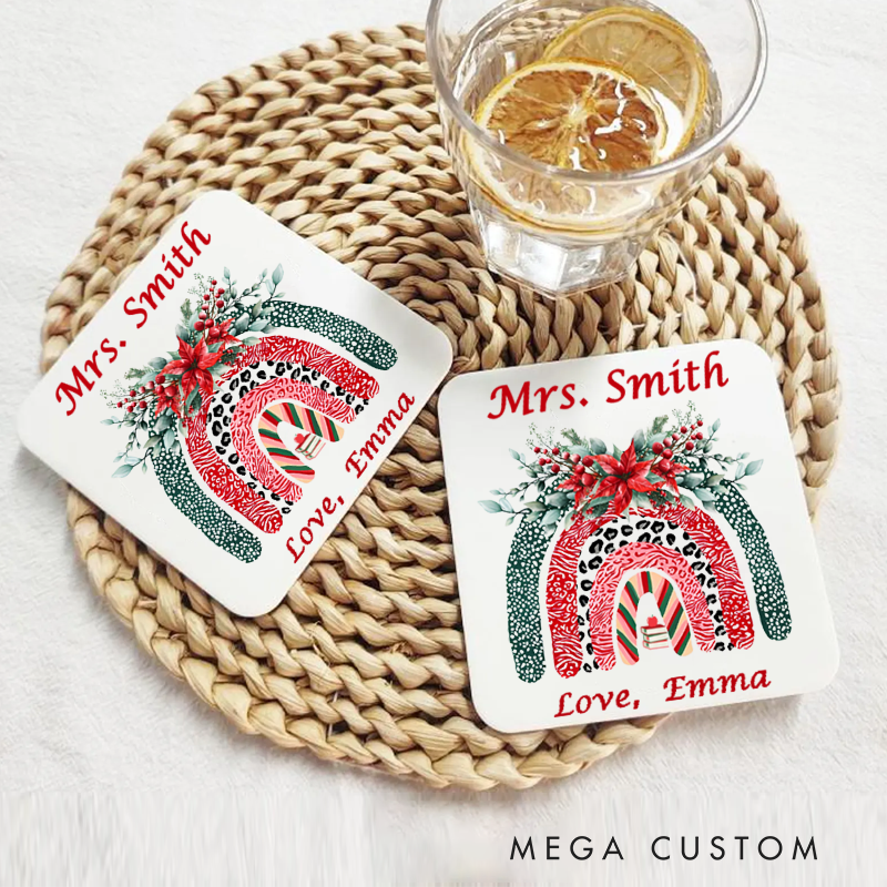 Personalized Coasters for Teachers Christmas Flowers Rainbow Appreciation Gift for Teachers
